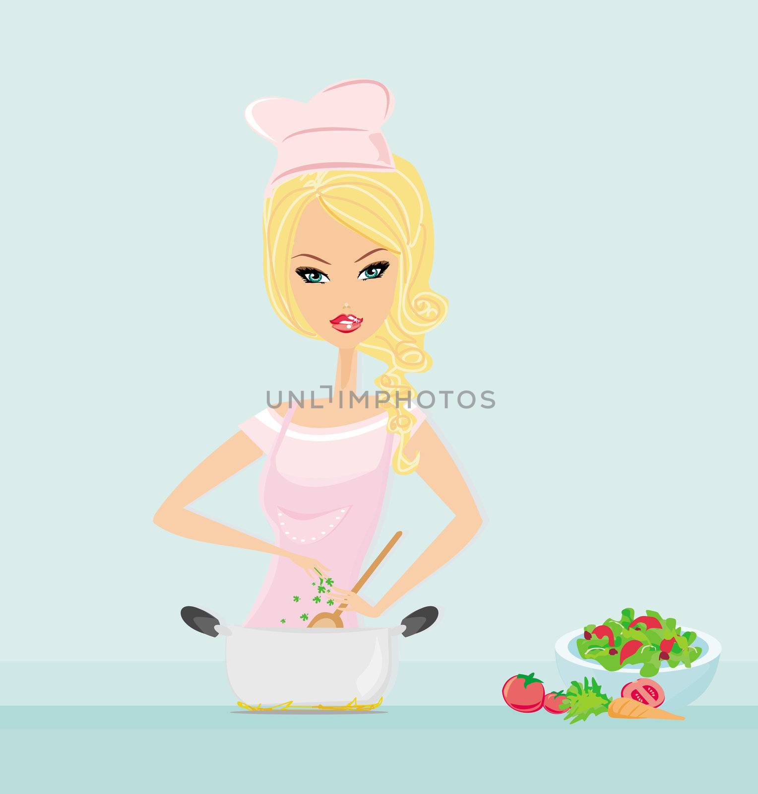 Beautiful lady cooking vegetable soup