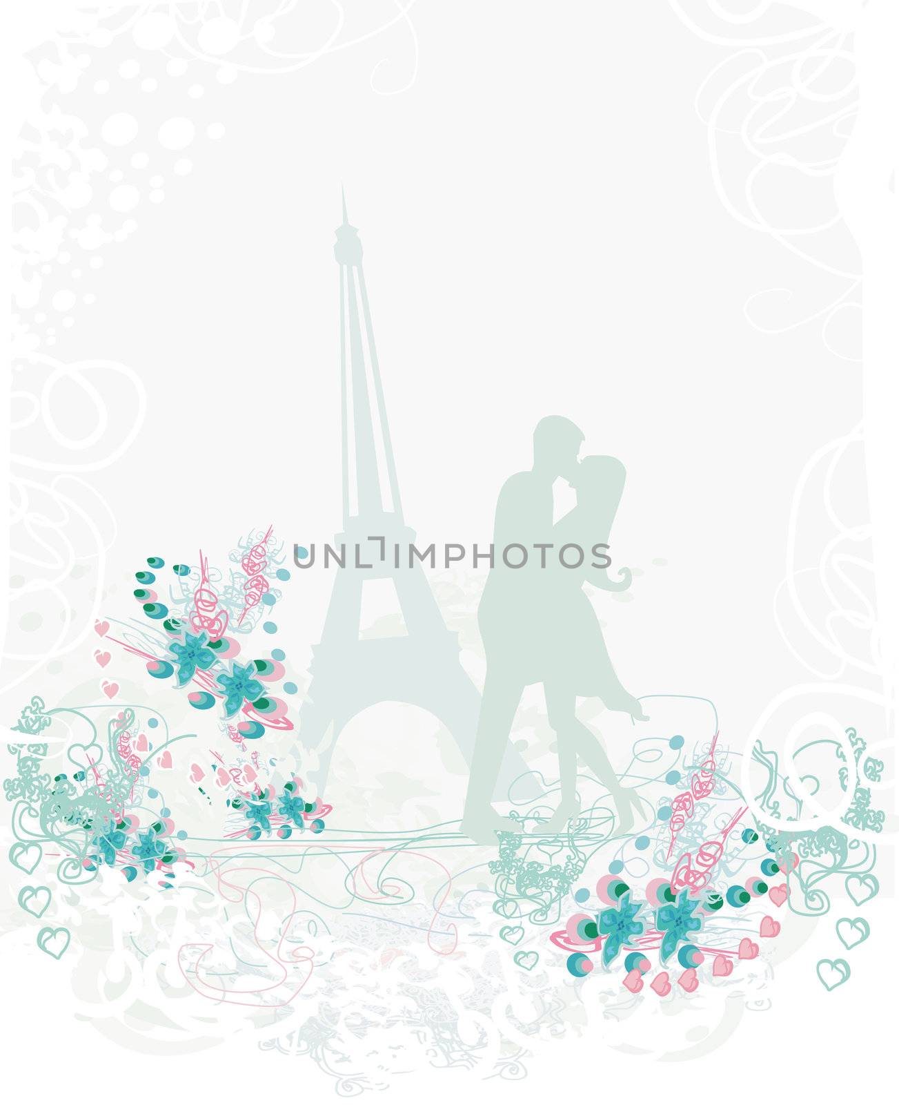 Romantic couple in Paris kissing near the Eiffel Tower. Silhouette