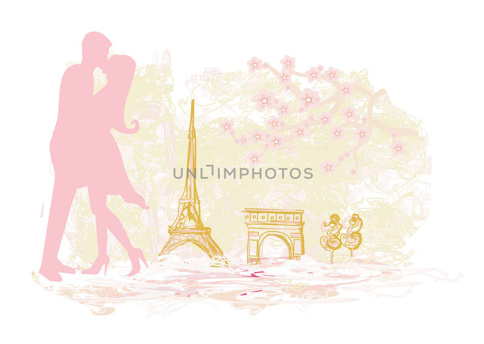 Romantic couple in Paris kissing near the Eiffel Tower Retro card