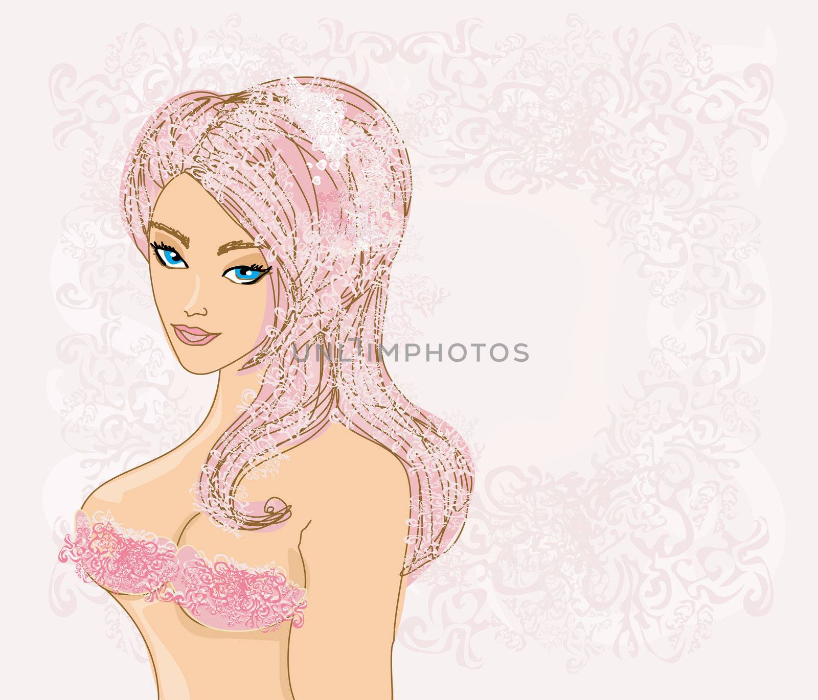 hand-drawn portrait of a beautiful woman in bikini