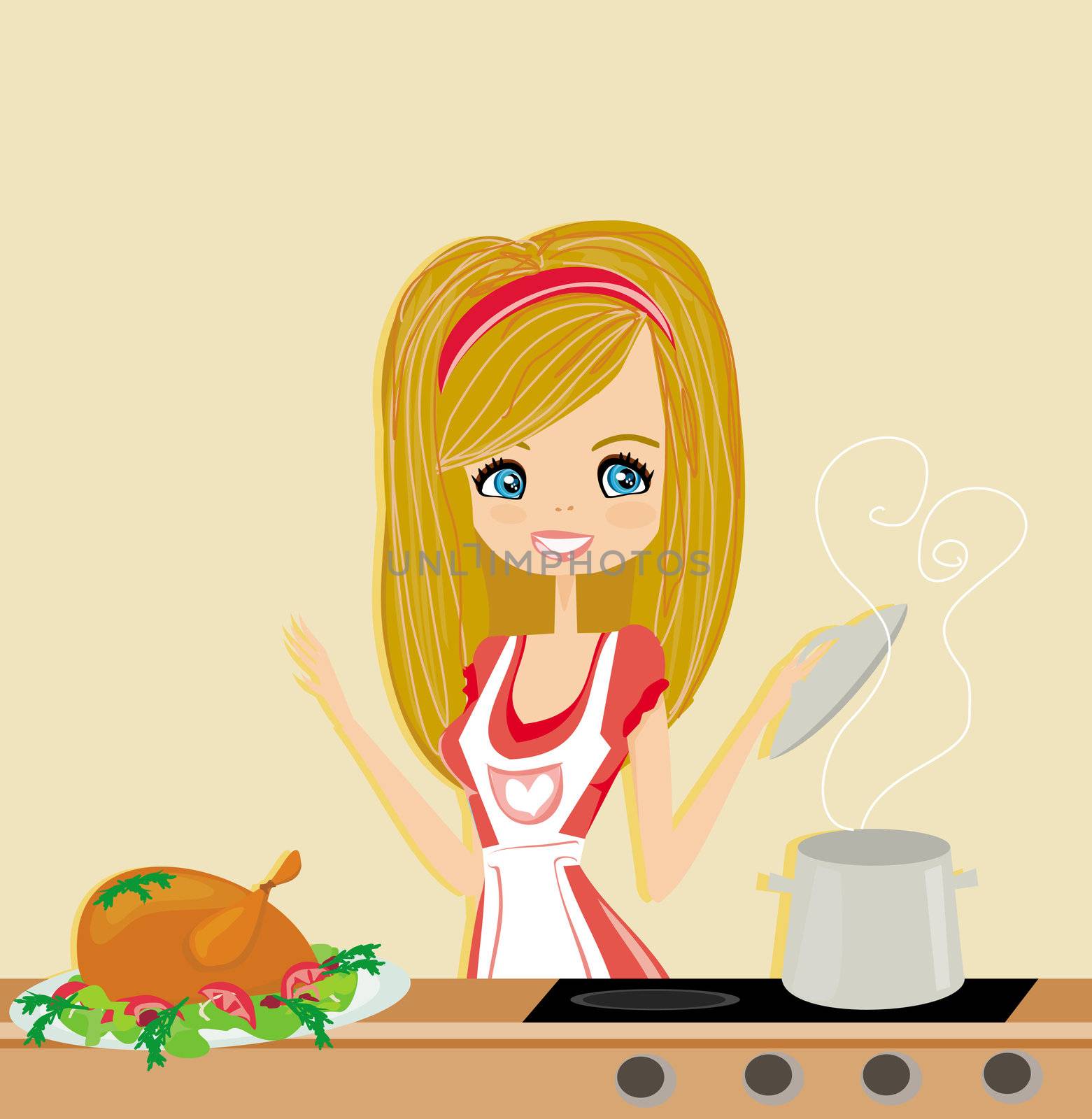 Beautiful lady cooking chicken