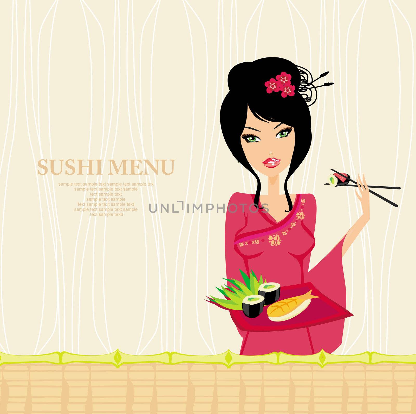 beautiful Asian girl enjoy sushi - menu template