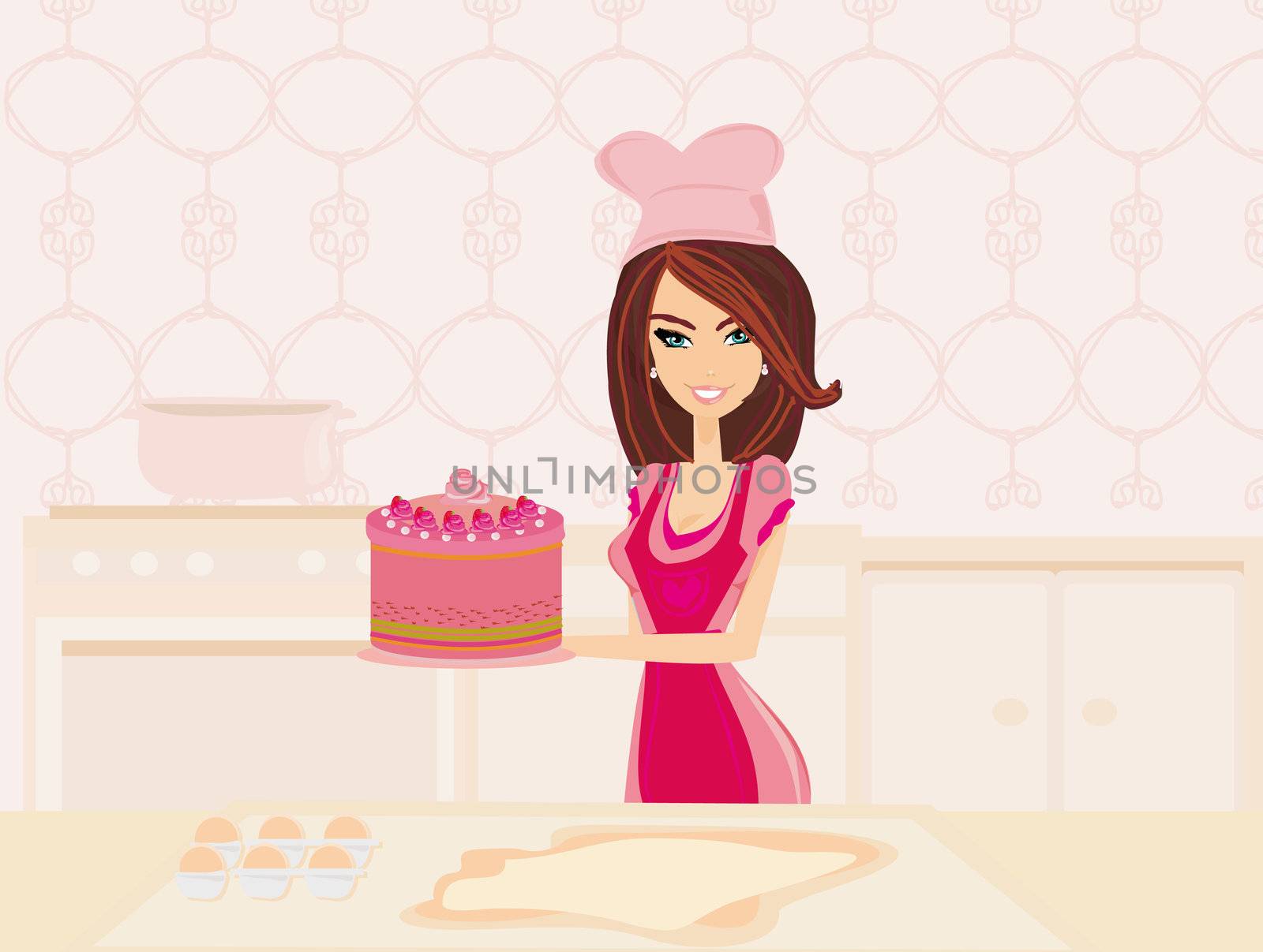 beautiful Housewife cooking birthday cake