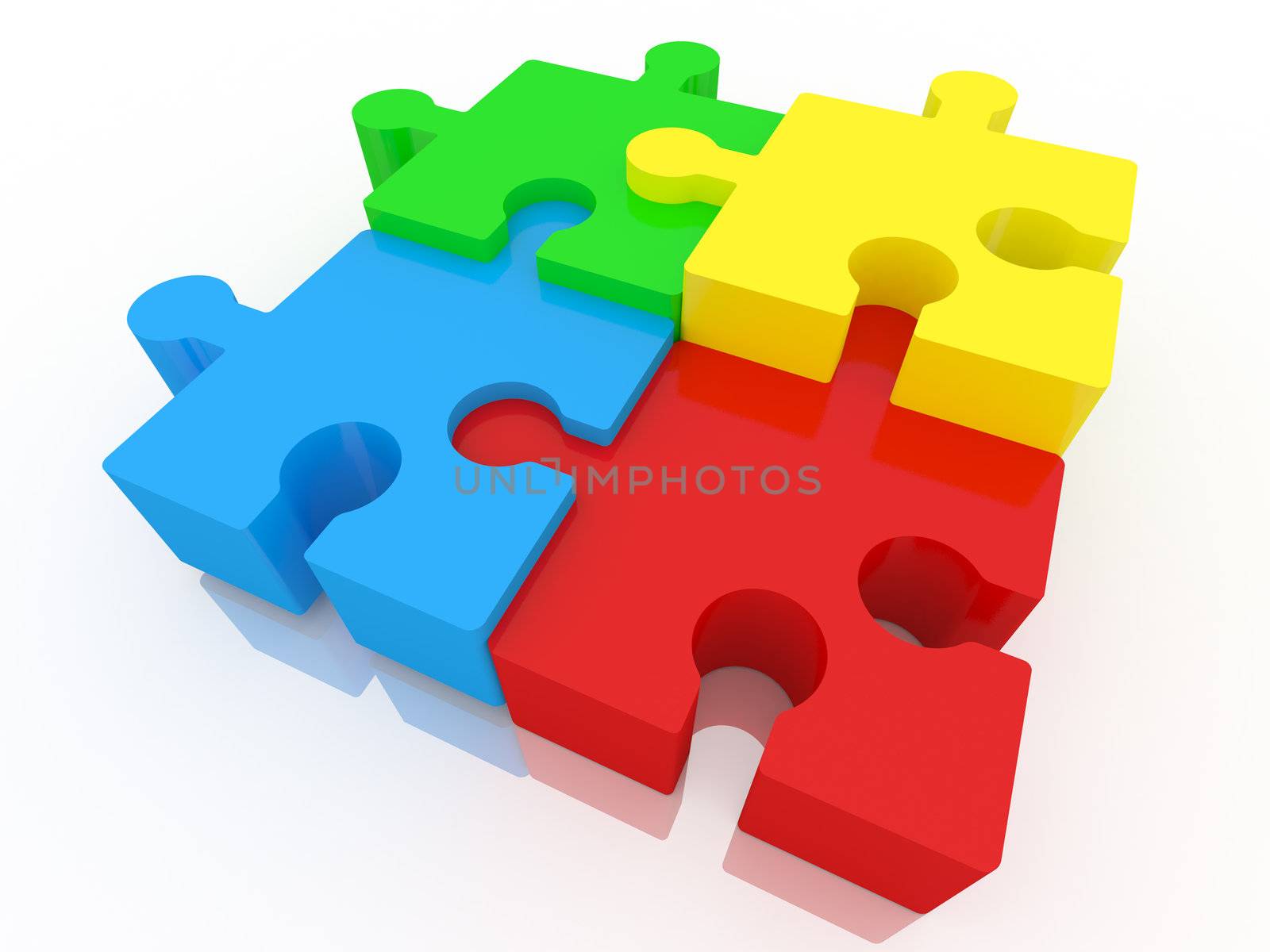 Blue, yellow, green,red puzzle on white background with reflection