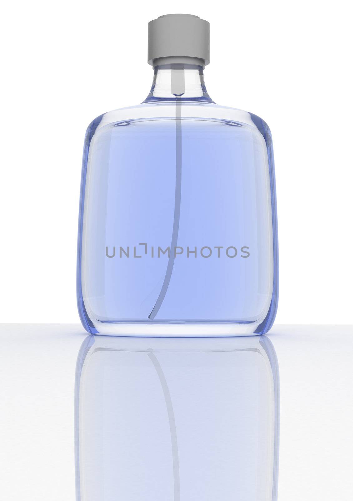 blue perfume on a white background with reflection