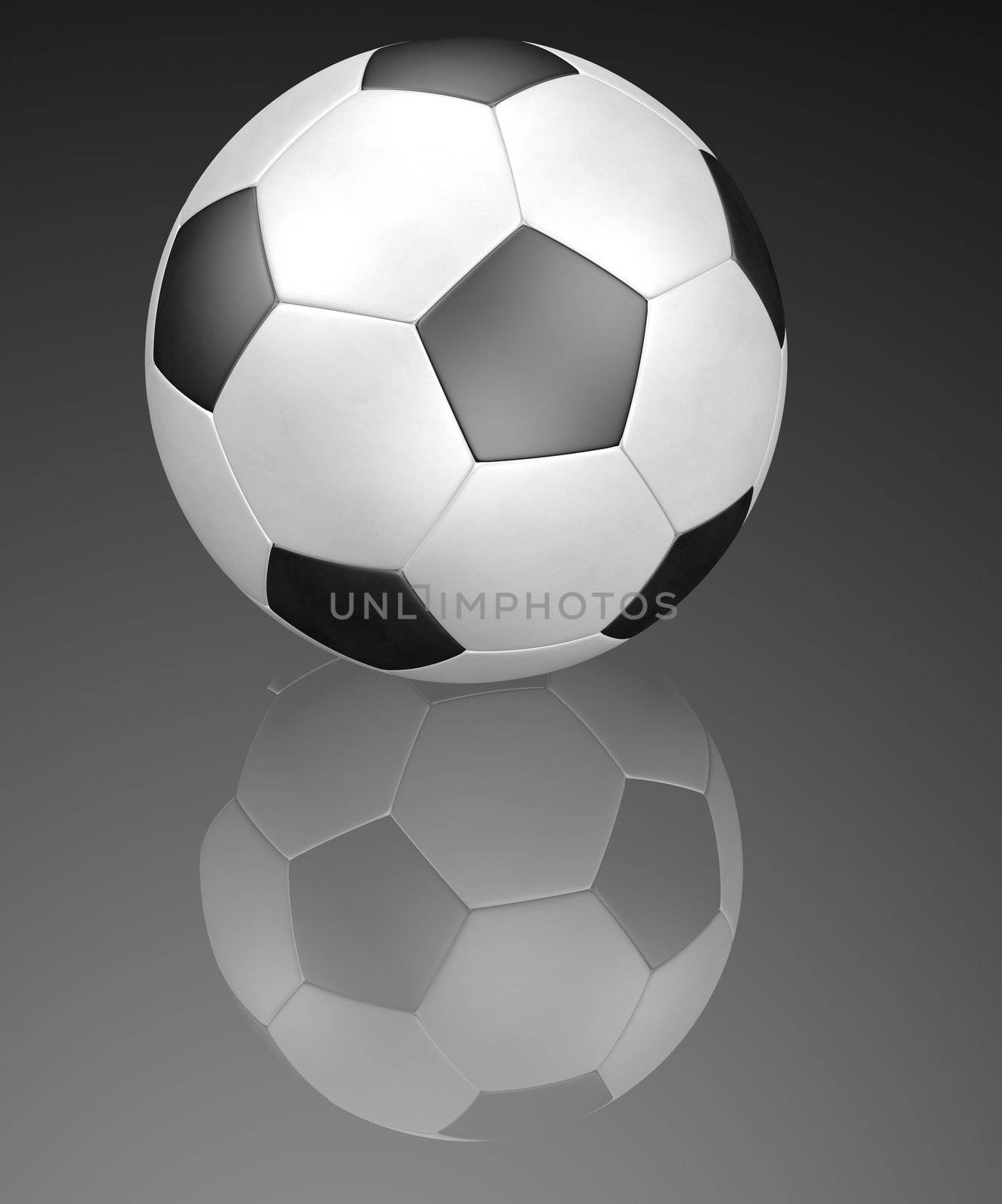 black and white soccer ball on black with reflection
