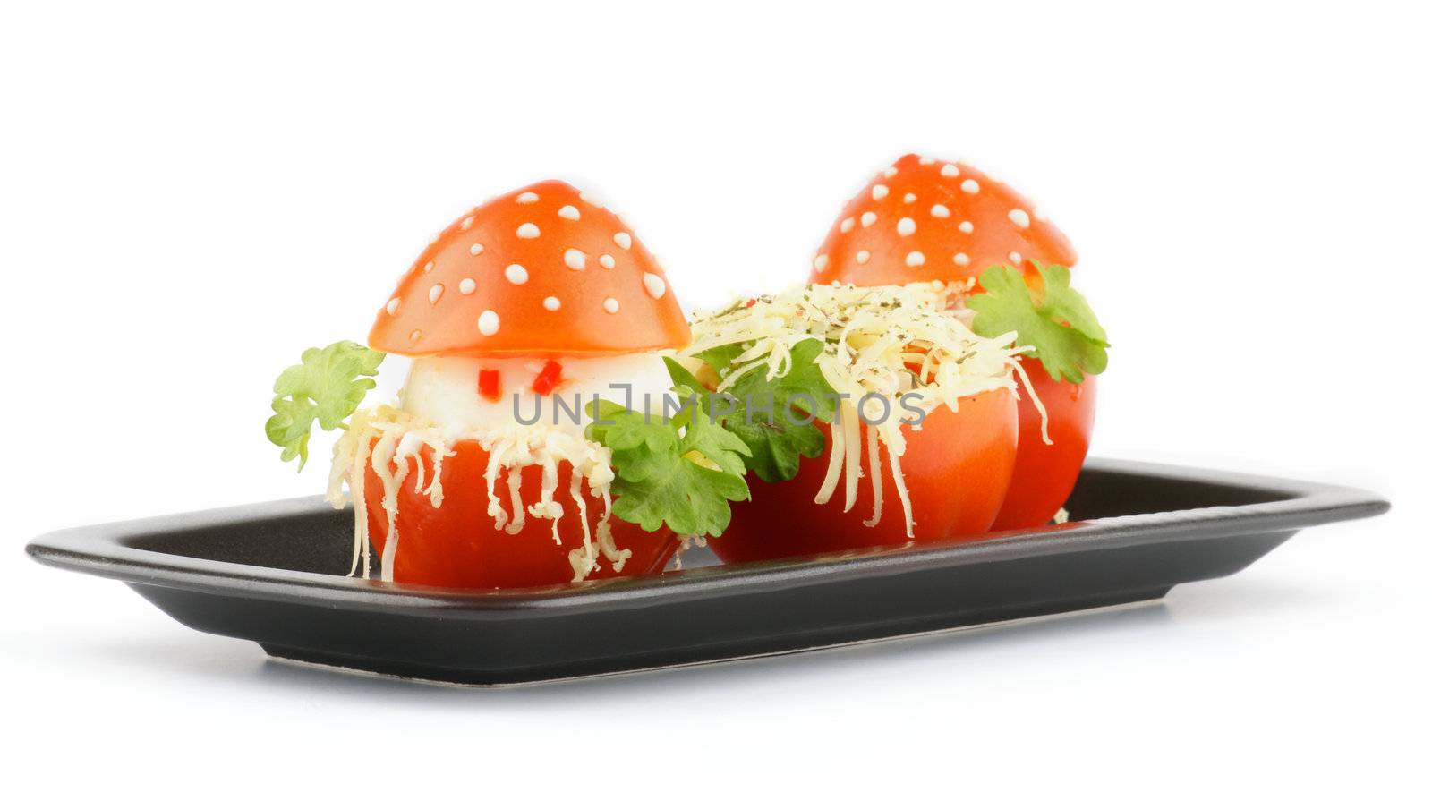 Fly mushroom formed from boiled egg, cheese and cover with the  mayonnaise. Funny food for children or party.