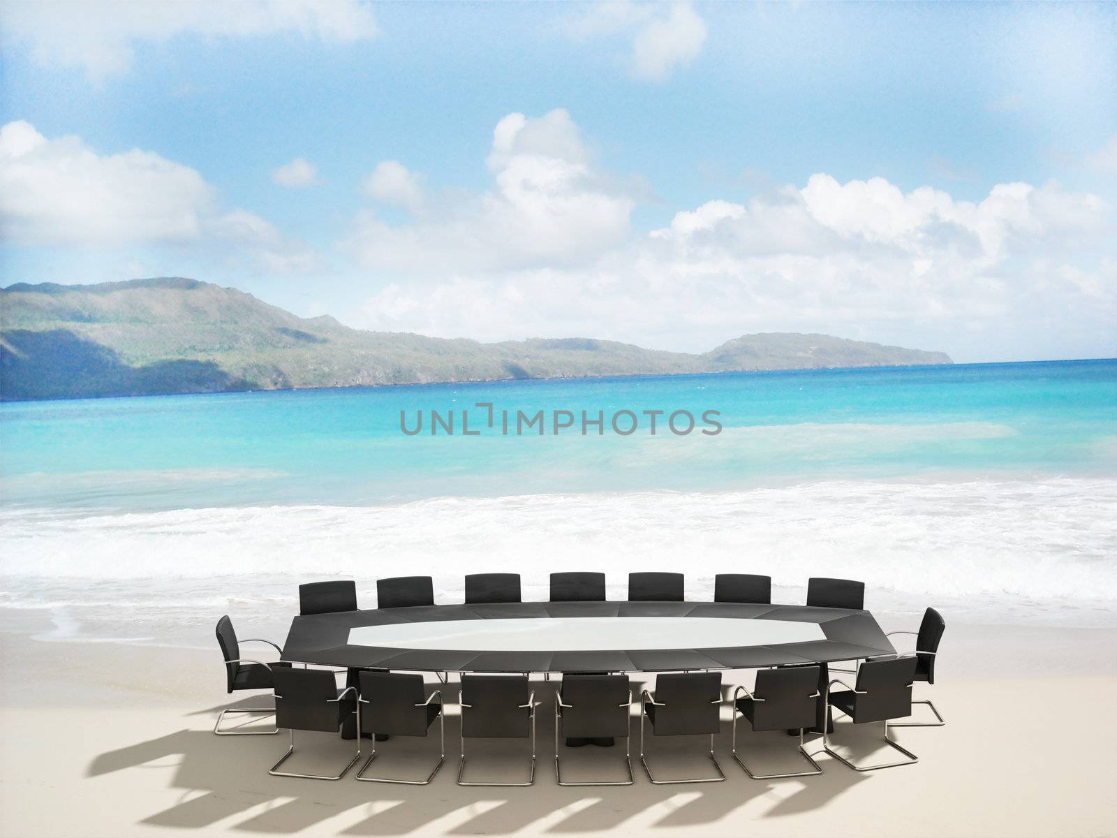 3D rendering of a Meeting table and chairs in the water of a Caribbean beach
