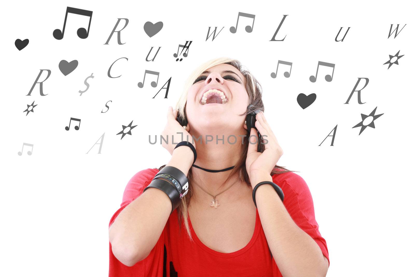 Rock style woman with headphones listening to music