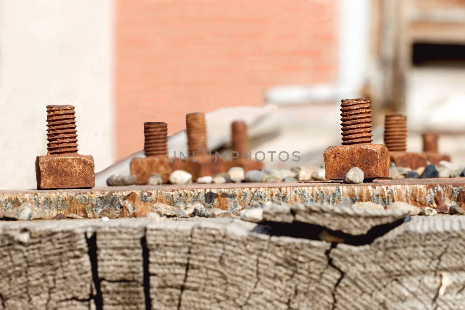 Rusted old bolts in old railroad tie