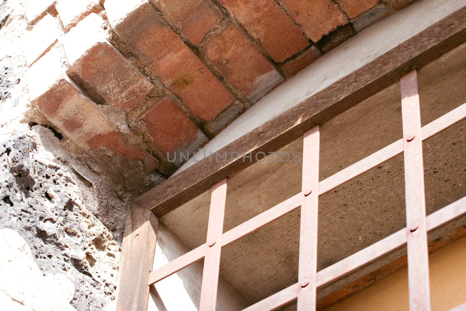 Old iron window grate with brick edging.