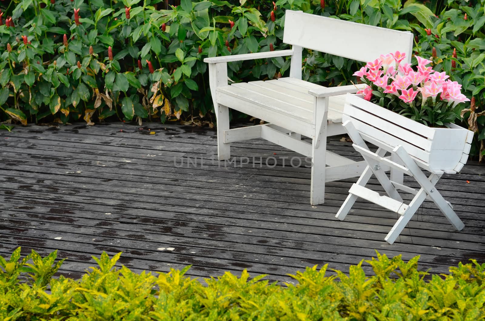 White wood chair on floor in garden by nuttakit