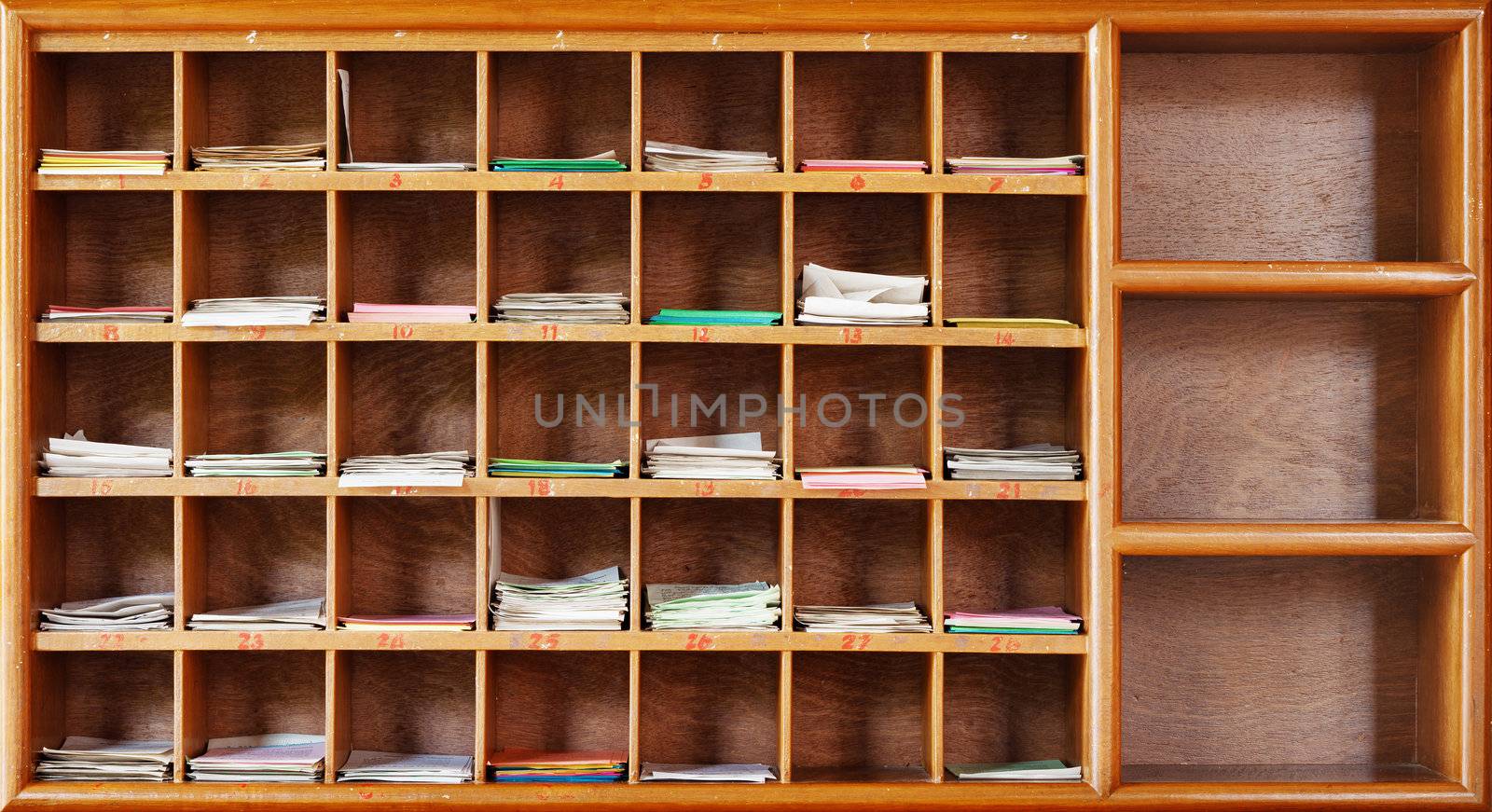 Old wooden cabinet for fortunetelling with paper inside - the interior of a Buddhist temple