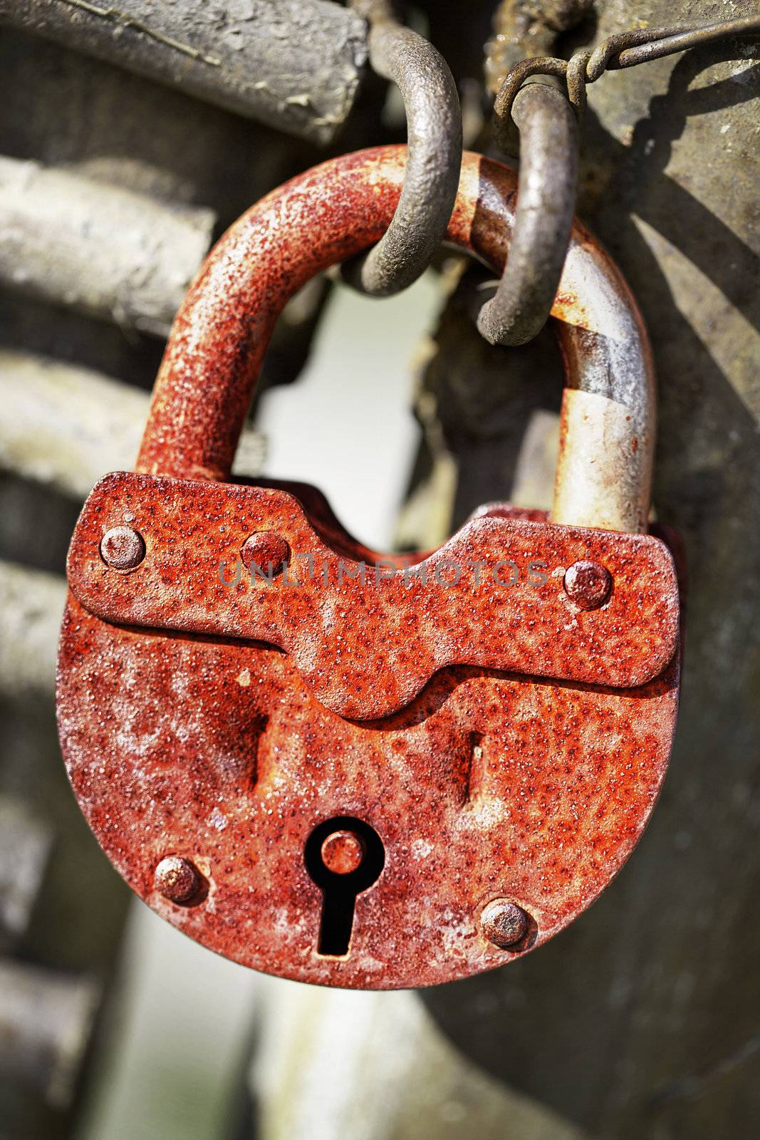 Rusty old locked padlock on the gate
