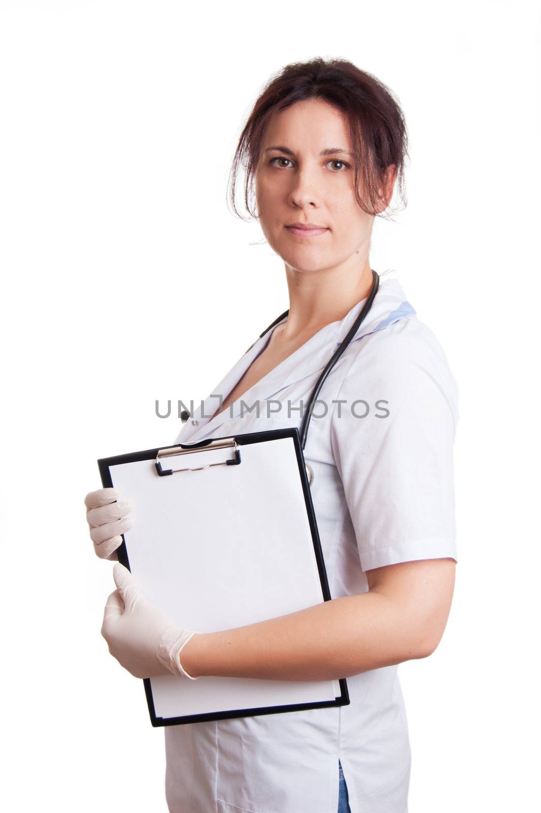 Medical doctor woman with stethoscope and papers with blank space isolated over white background