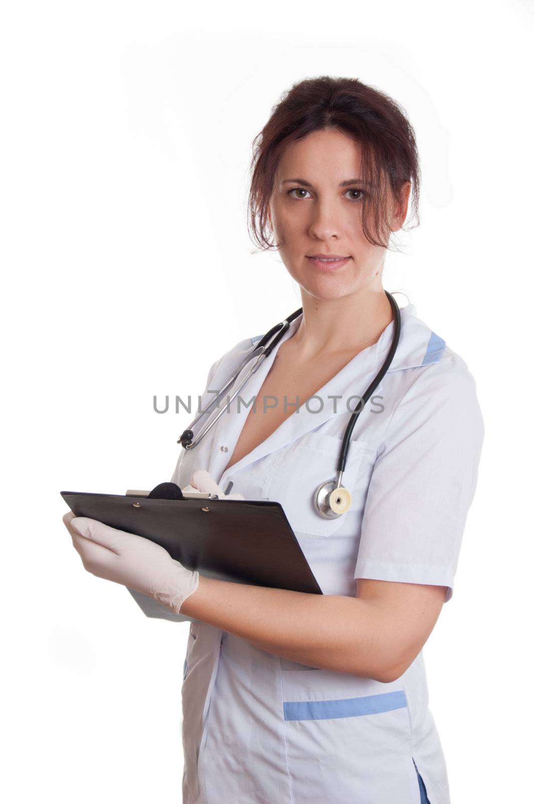 Medical doctor woman with stethoscope and papers by Angel_a