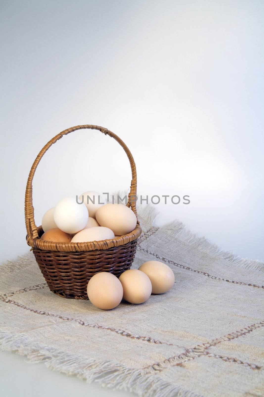 Eggs in a basket on a rag napkin