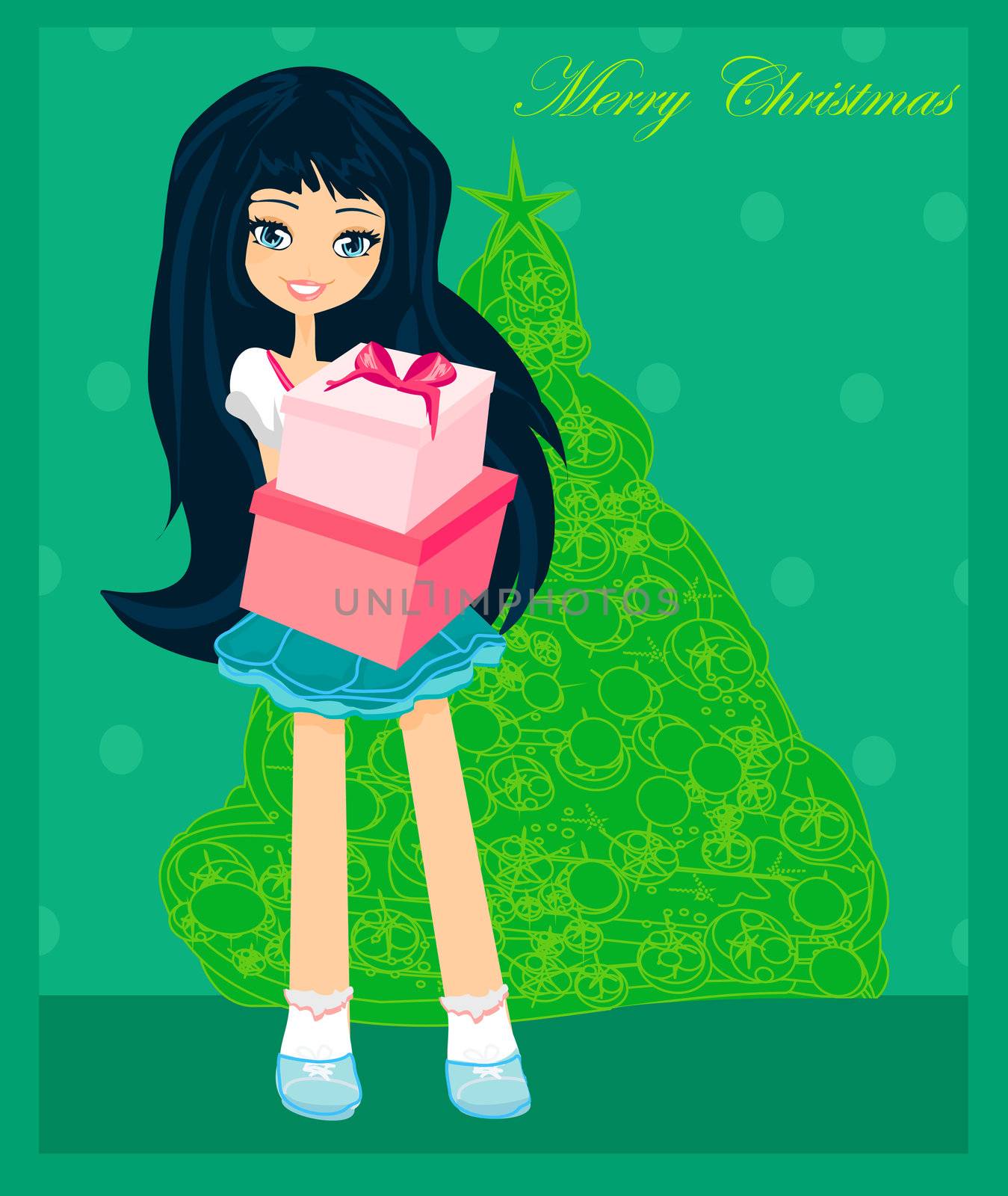 beautiful girl with gift box - Christmas postcard