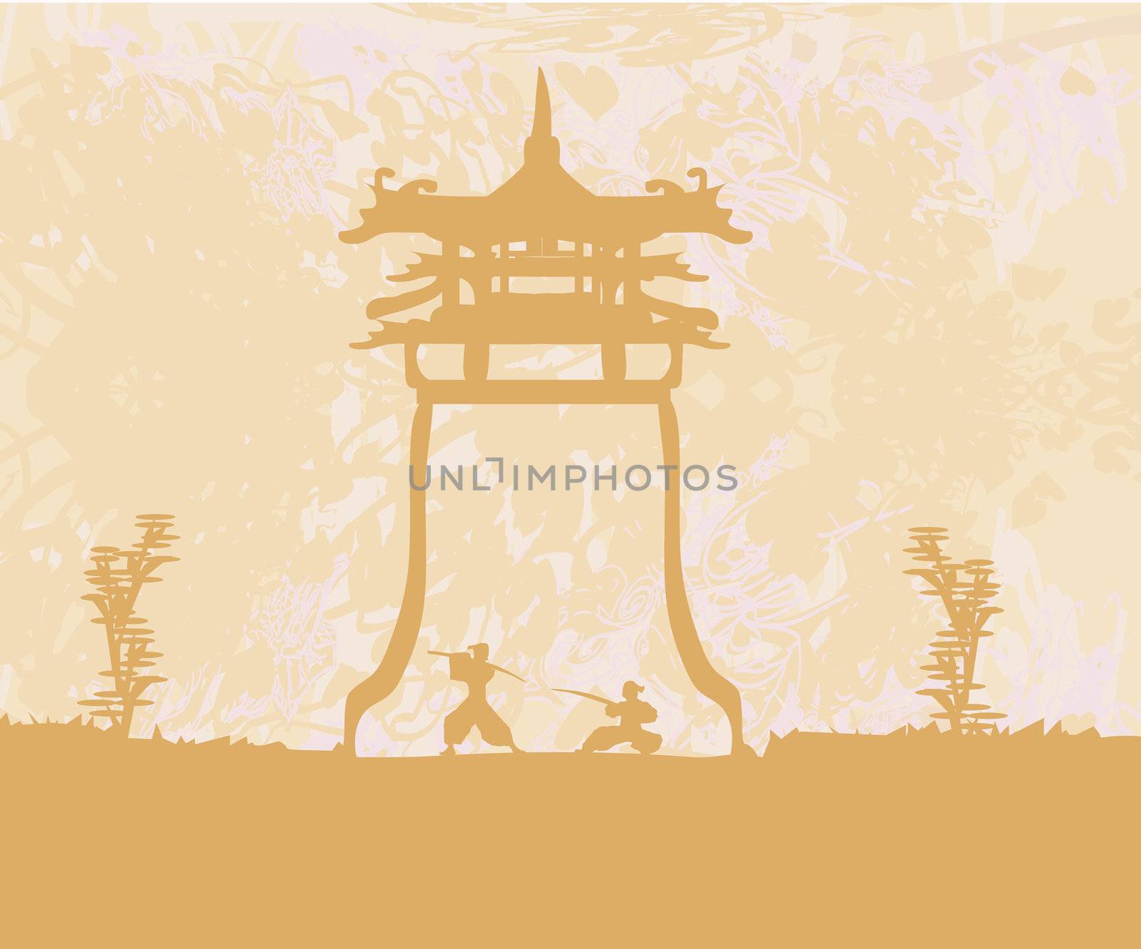 Samurai silhouette in Asian Landscape