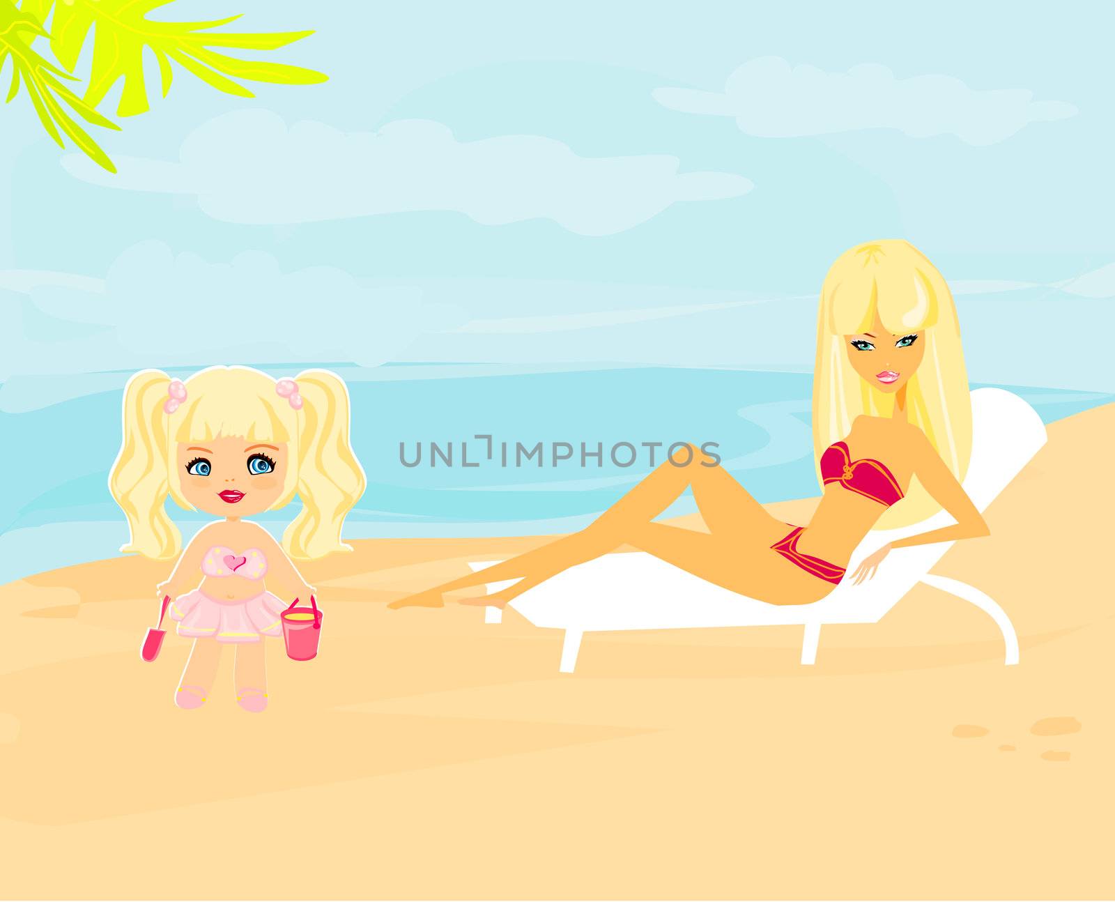 young mother and her daughter at beach