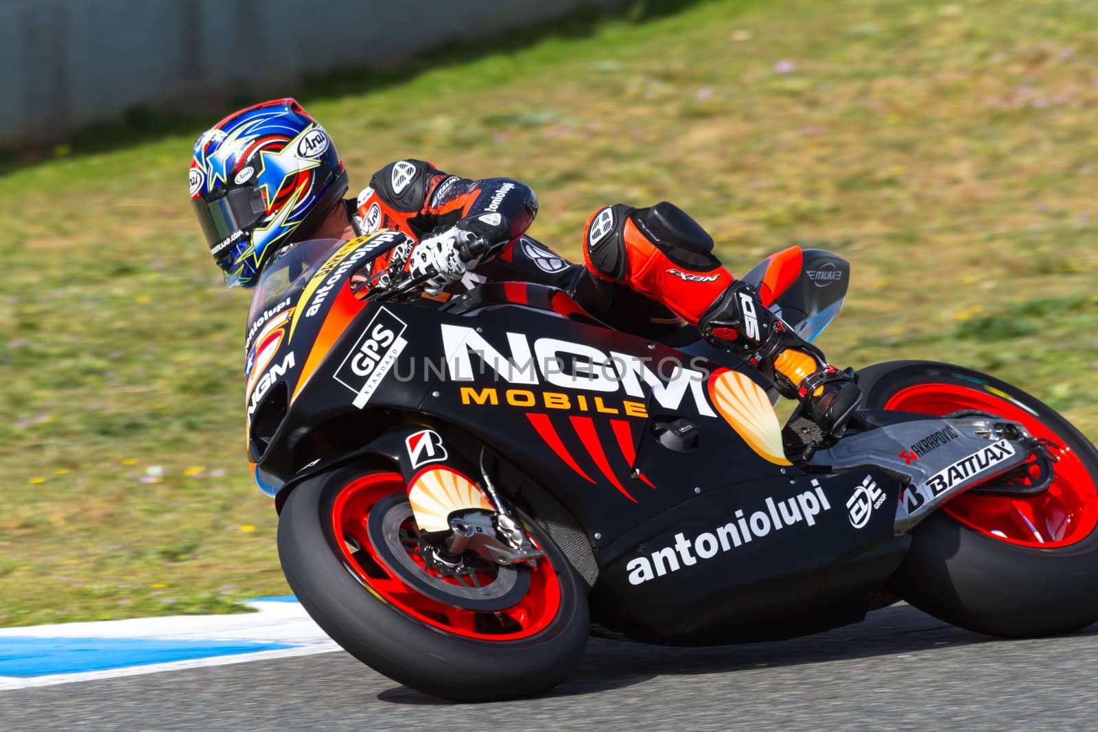 JEREZ DE LA FRONTERA, SPAIN - MAR 23: MotoGP motorcyclist Colin Edwards takes a curve in the MotoGP Official Trainnig on March 23, 2012 in Jerez de la Frontera, Spain