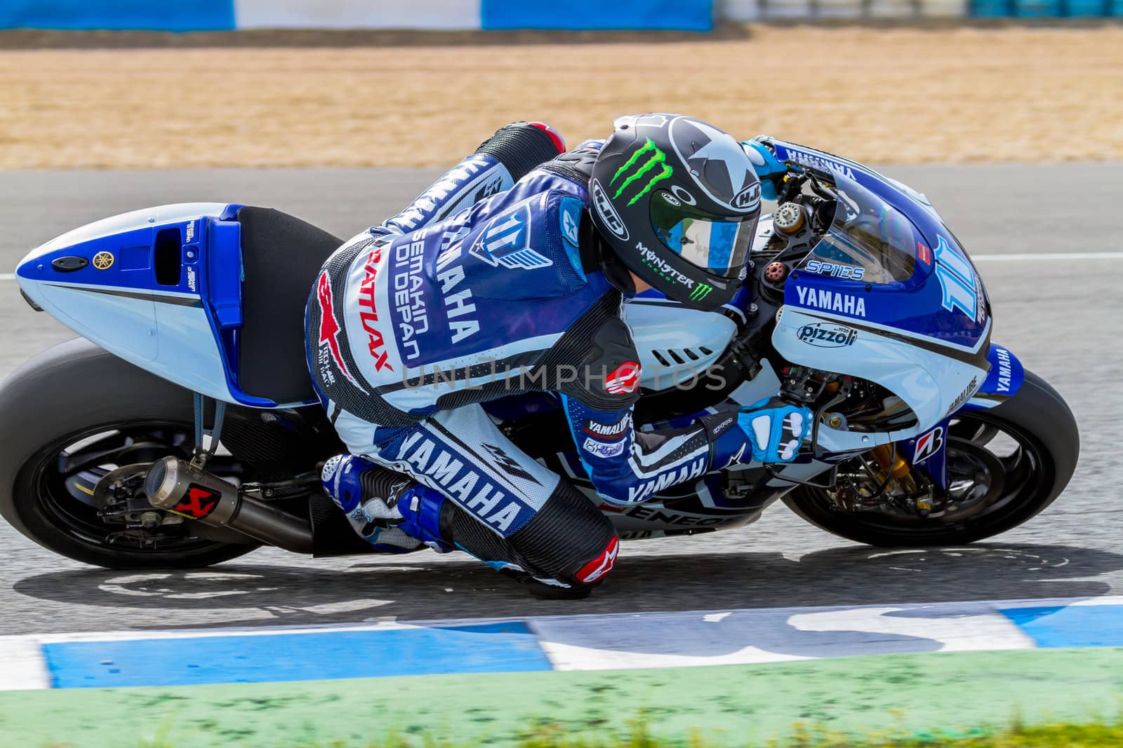 JEREZ DE LA FRONTERA, SPAIN - MAR 25: MotoGP motorcyclist Ben Spies takes a curve in the MotoGP Official Trainnig on March 25, 2012 in Jerez de la Frontera, Spain