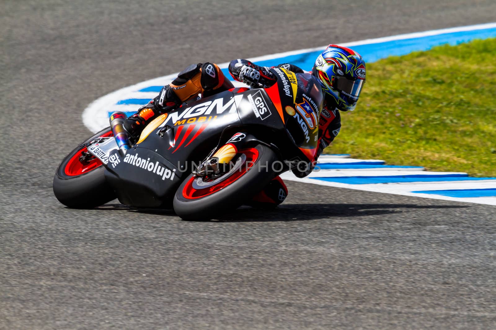 JEREZ DE LA FRONTERA, SPAIN - MAR 25: MotoGP motorcyclist Colin Edwards takes a curve in the MotoGP Official Trainnig on March 25, 2012 in Jerez de la Frontera, Spain