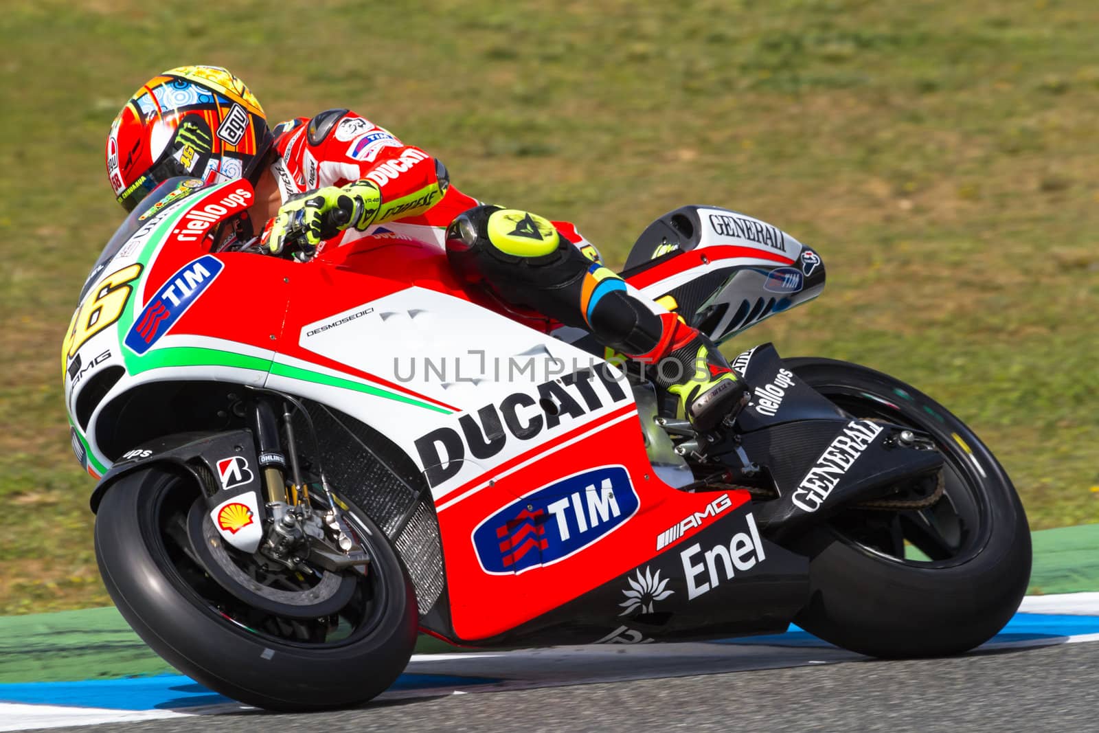 JEREZ DE LA FRONTERA, SPAIN - MAR 23: MotoGP motorcyclist Valentino Rossi takes a curve in the MotoGP Official Trainnig on March 23, 2012 in Jerez de la Frontera, Spain