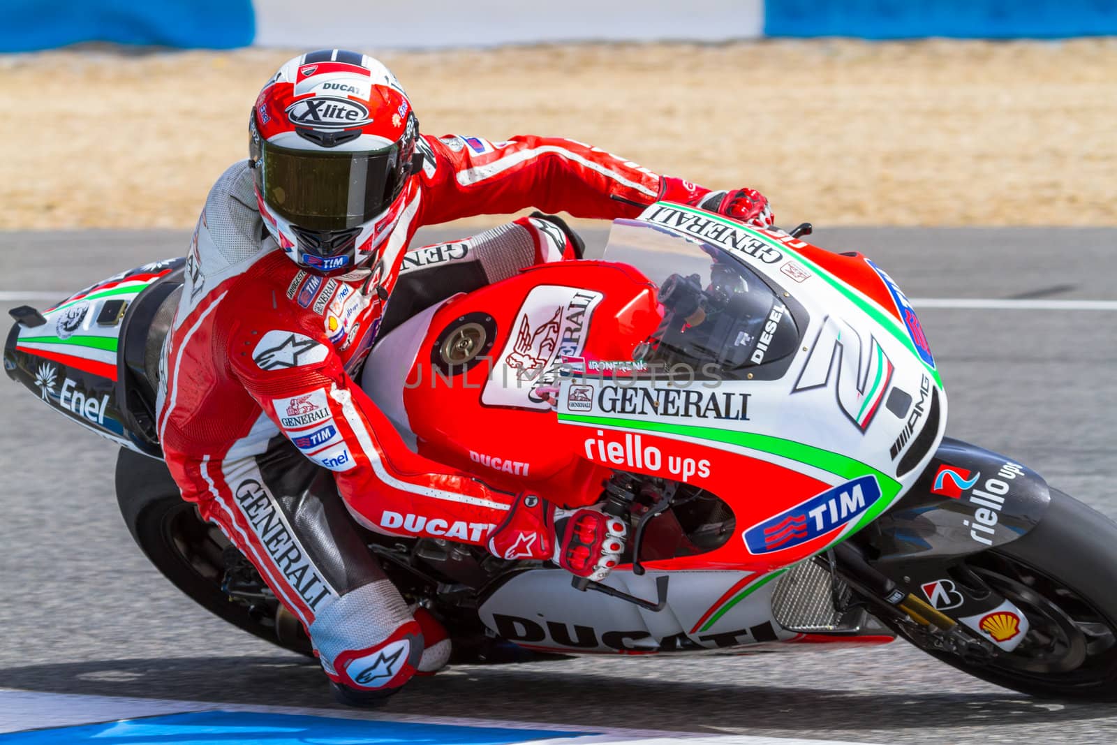 JEREZ DE LA FRONTERA, SPAIN - MAR 23: MotoGP motorcyclist Franco Battiani takes a curve in the MotoGP Official Trainnig on March 23, 2012 in Jerez de la Frontera, Spain