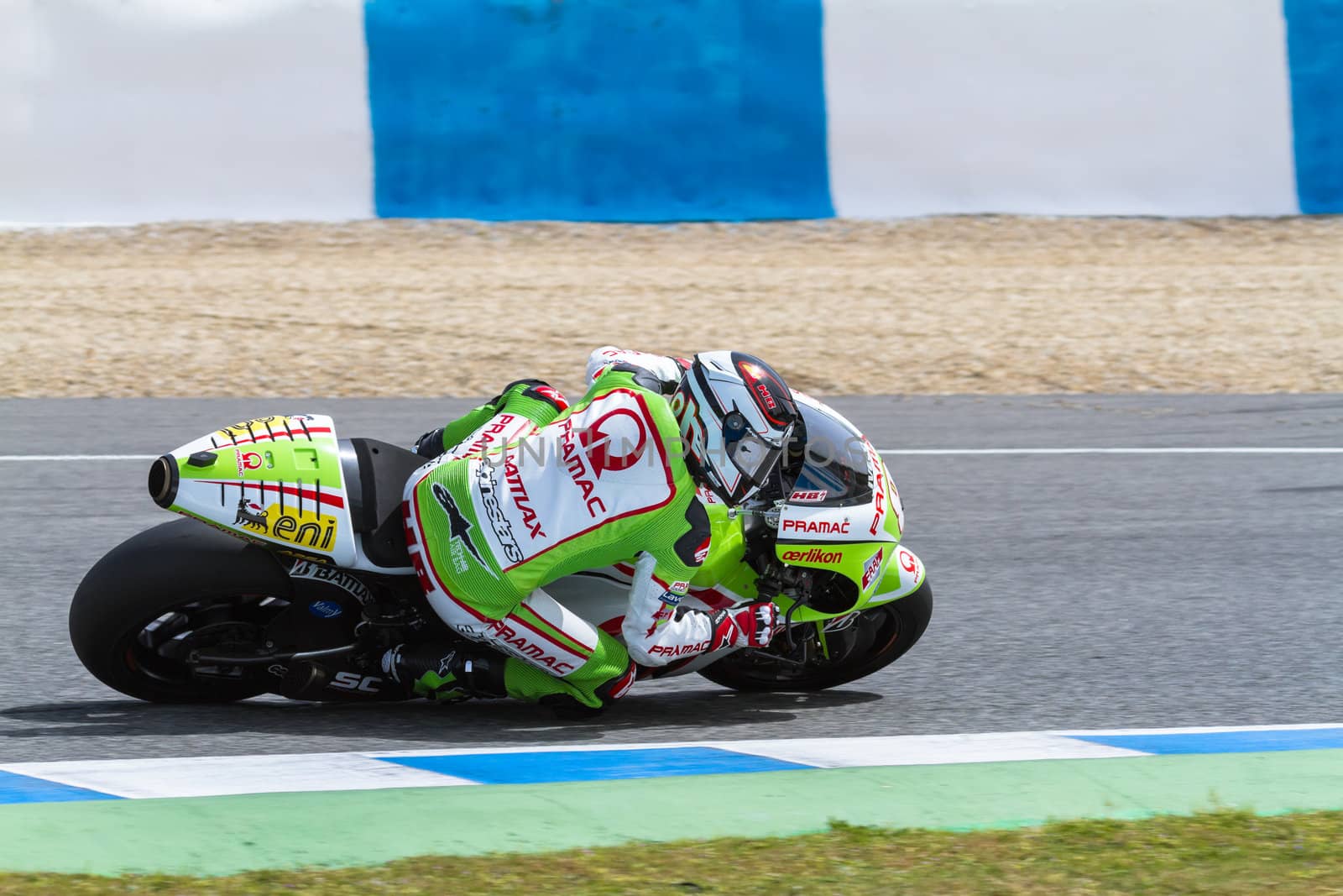 JEREZ DE LA FRONTERA, SPAIN - MAR 23: MotoGP motorcyclist Hector Barbera takes a curve in the MotoGP Official Trainnig on March 23, 2012 in Jerez de la Frontera, Spain