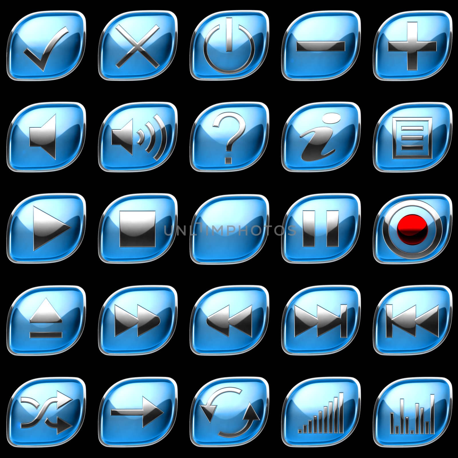 Blue Control panel icons or buttons isolated on black