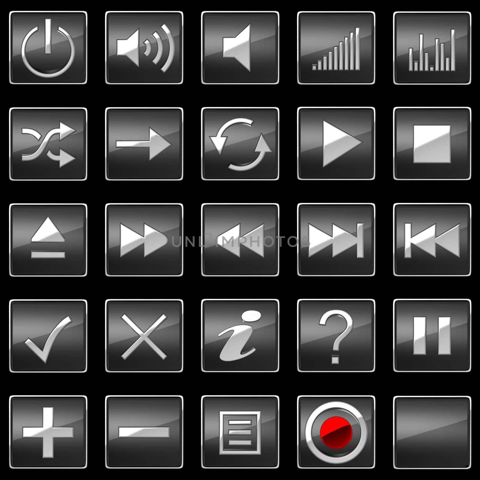 Square black Control panel icons or buttons isolated on black