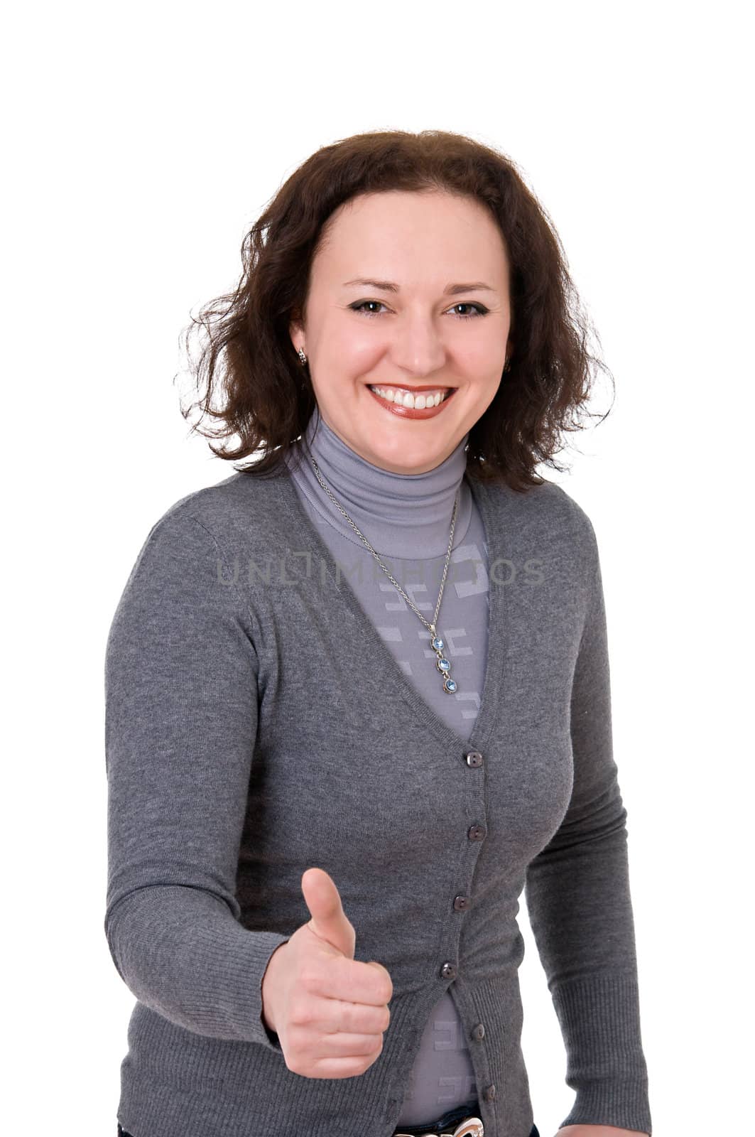 woman shows gesture all right isolated on white background