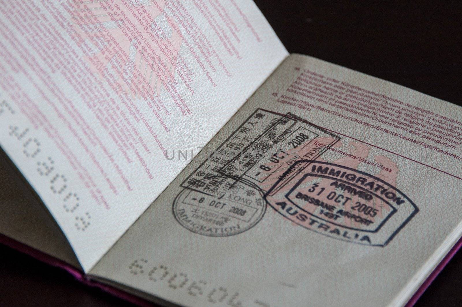 german passport with immigration stamps of HongKong and Australia, concept of travel
