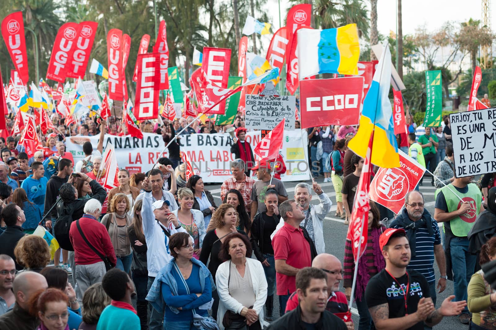 LAS PALMAS, SPAIN–MARCH 29: Unidentified workers protesting against new labor reforms and austerity cuts, during the Spanish general strike 29-M on March 29, 2012 in Las Palmas, Spain
