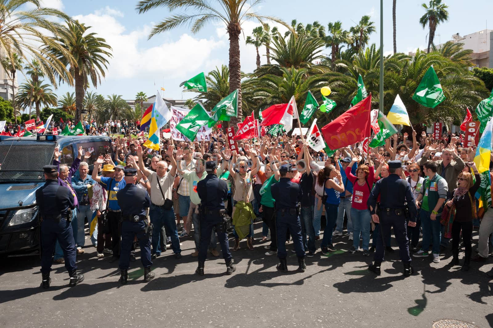 LAS PALMAS, SPAIN–MARCH 29: Unidentified workers protesting against new labor reforms and austerity cuts, during the Spanish general strike 29-M on March 29, 2012 in Las Palmas, Spain

