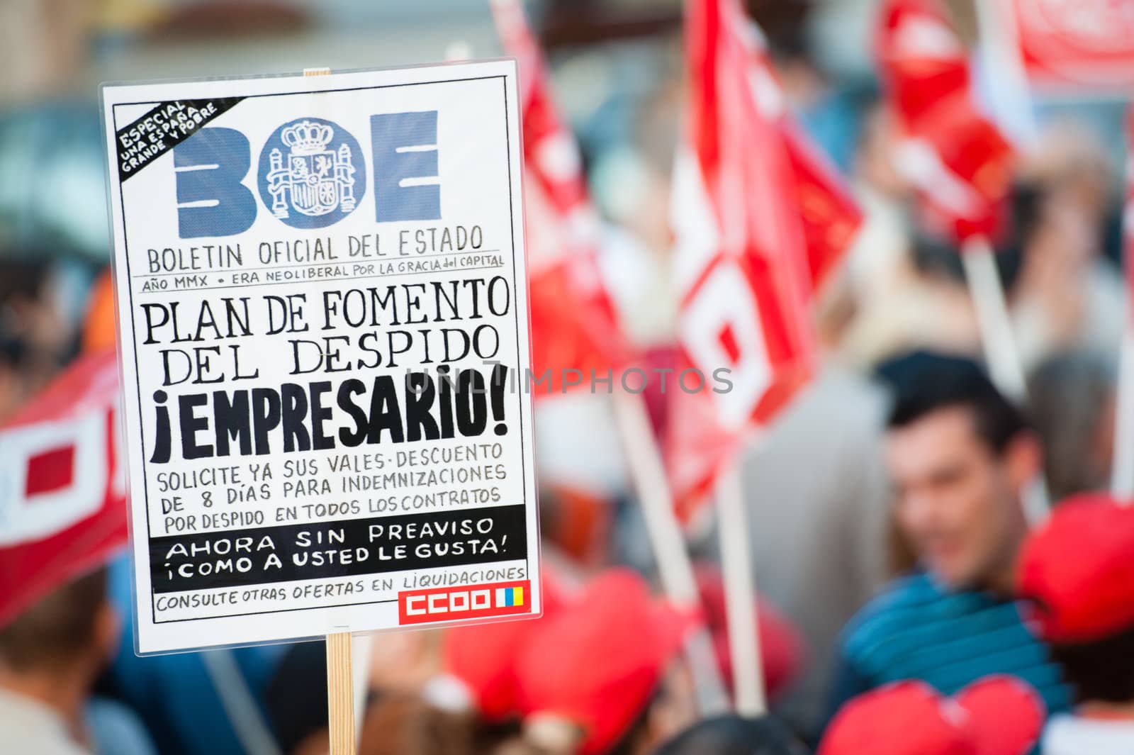 LAS PALMAS, SPAIN–MARCH 29: Banner with message against new labor reforms and austerity cuts, during the Spanish general strike 29-M on March 29, 2012 in Las Palmas, Spain
