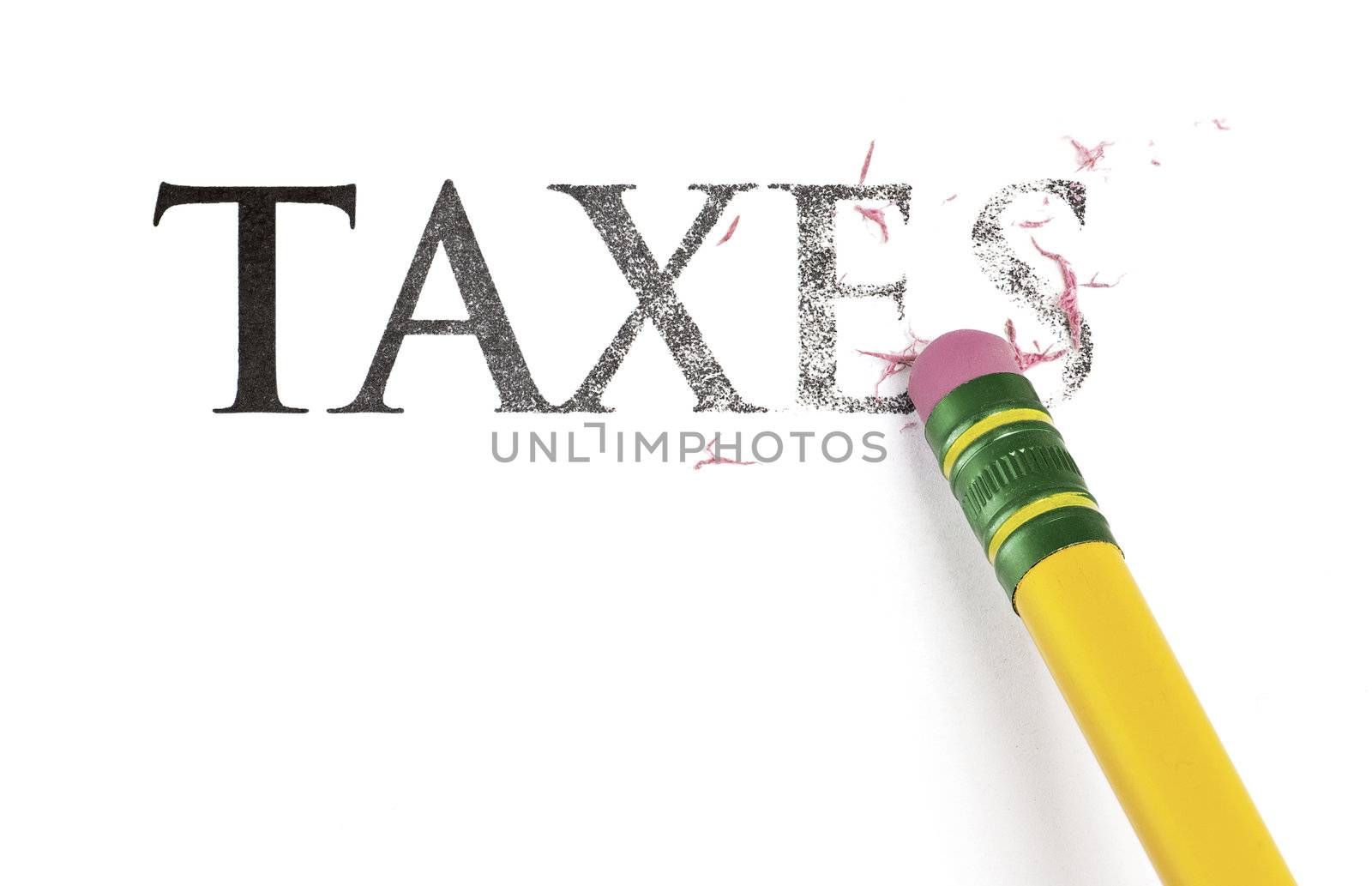 Close up of a yellow pencil erasing the word, 'Taxes.' Isolated on white.