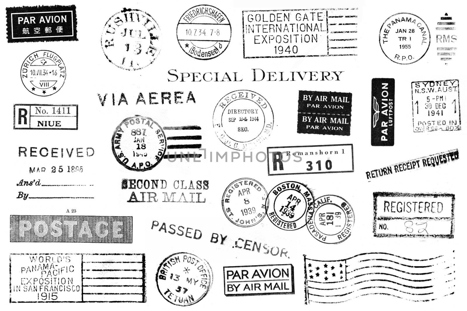 A set of nineteen large postal marks mostly from the 1930s and 1940s isolated on white. Ideal for photoshop brushes, retro collages, etc.