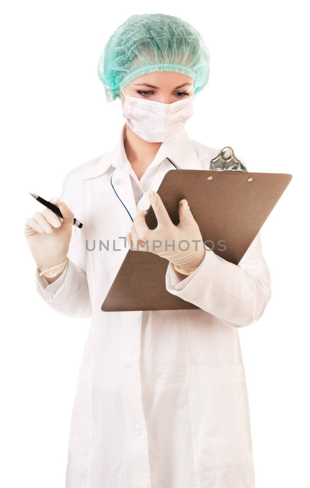 Serious nurse with medical report and pen isolated on white background