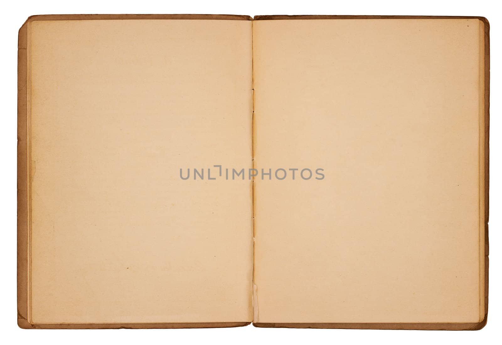 A vintage booklet viewed from above and opened to reveal blank, yellowing pages with rough, creased edges and dog-eared corners. Isolated on white. Includes clipping path.