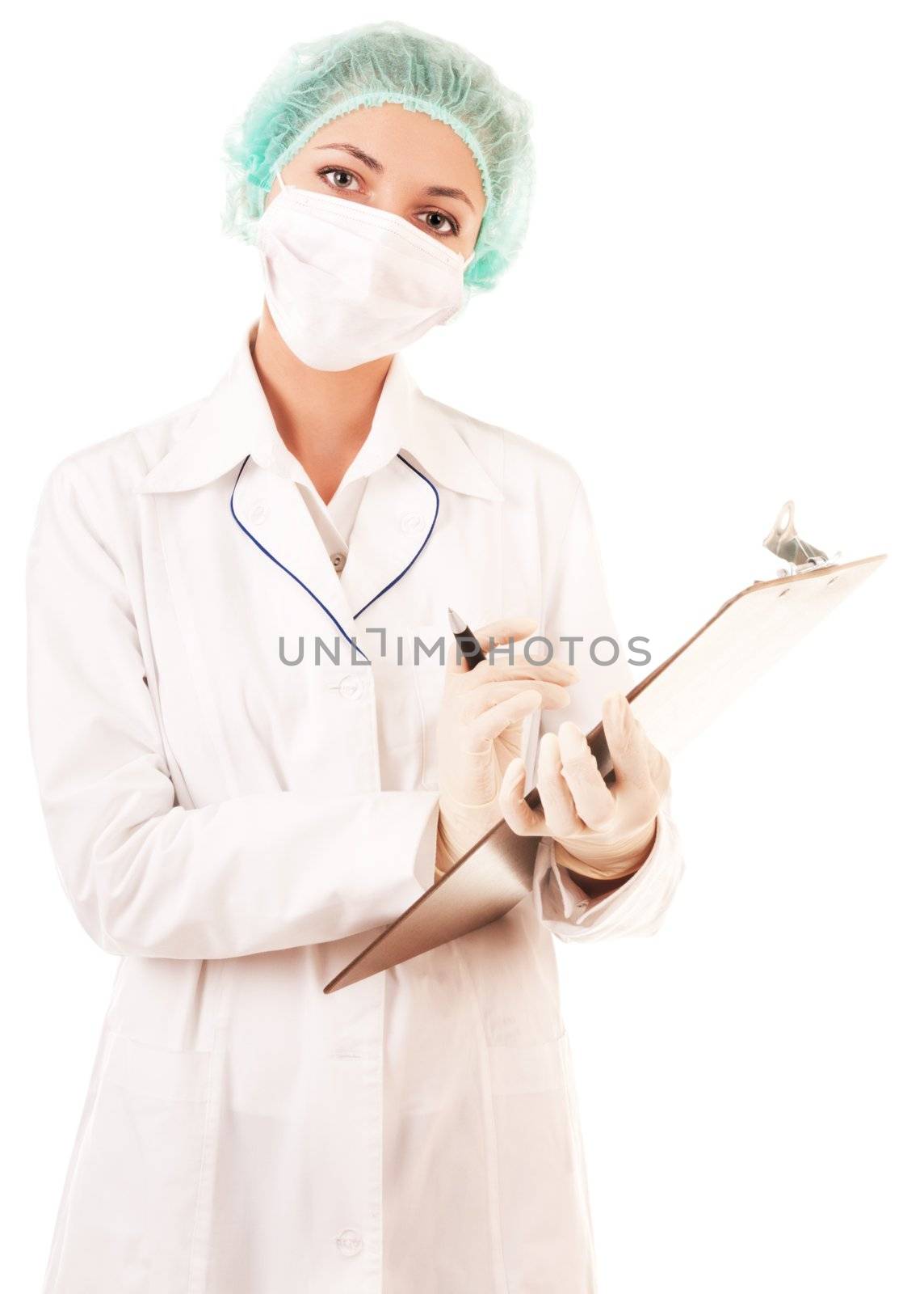 Serious doctor with medical report and pen isolated on white background