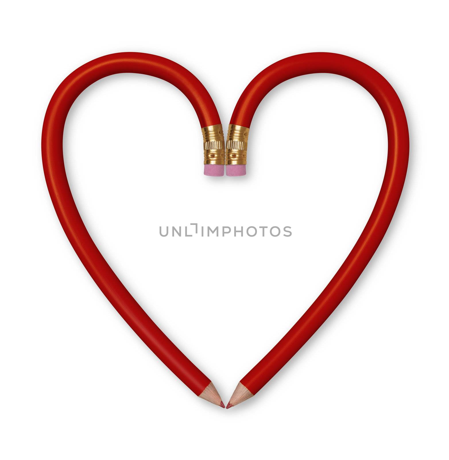 Two red pencils forming the outline of a heart on white background. Includes clipping path.