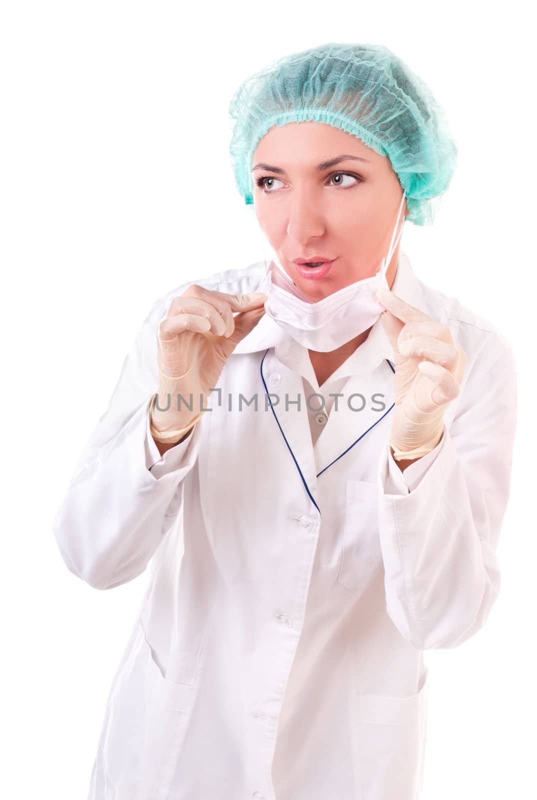 Surprised woman in medical uniform isolated on white background