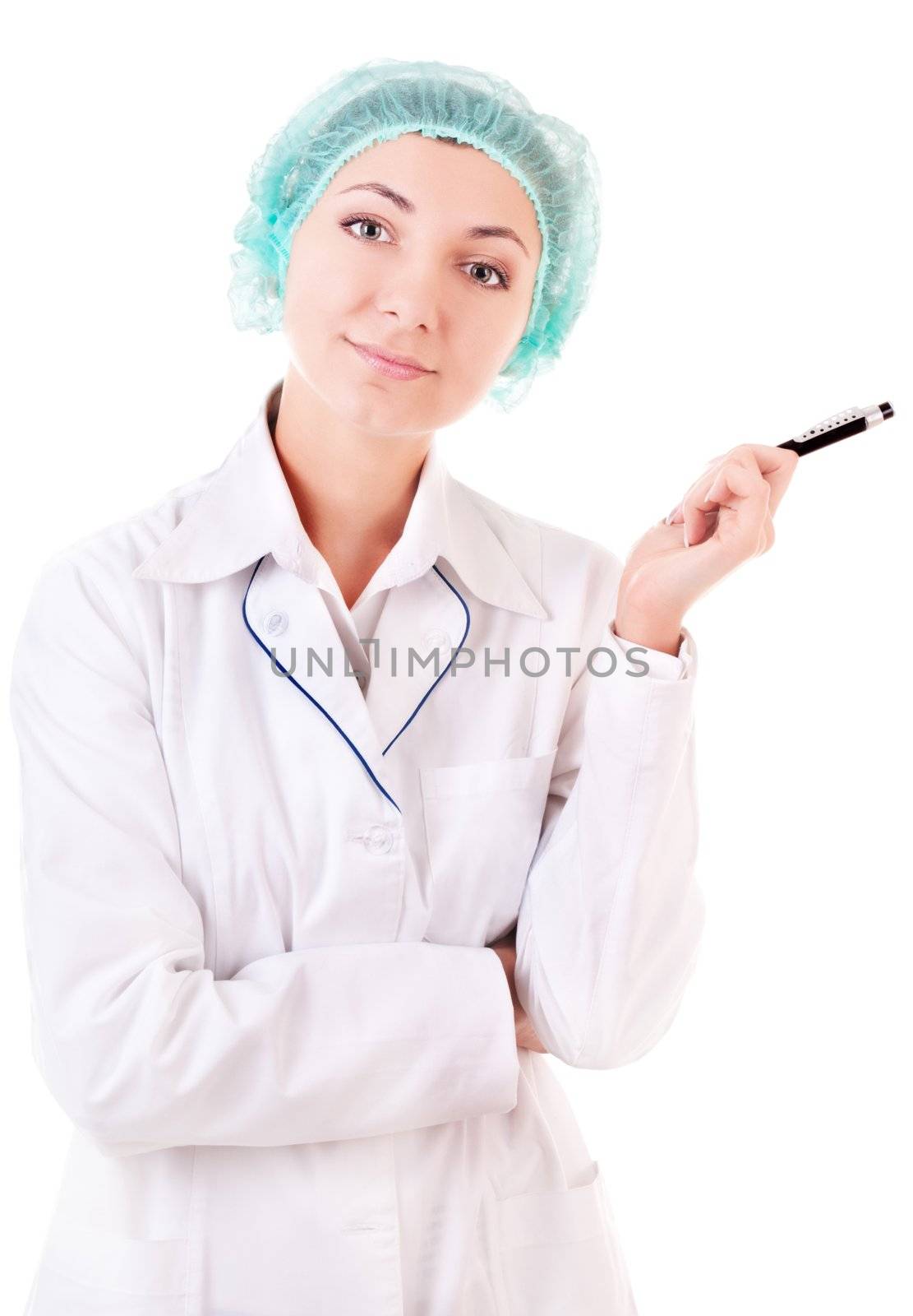 Nice-looking nurse with black pen isolated on white background