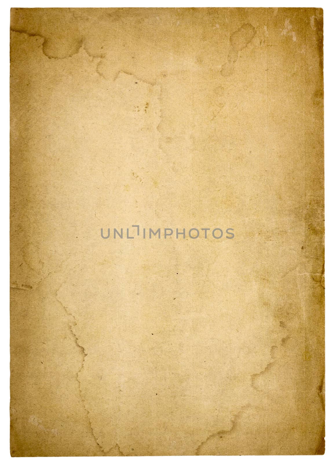 Aged, worn paper with abrasions, water stains and  rough edges. Blank with room for text or images. Isolated on White. Includes clipping path.