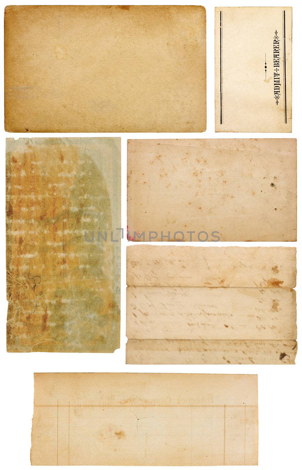 Set of six antique paper scraps isolated on white. Several pieces are empty with room for text or images.
