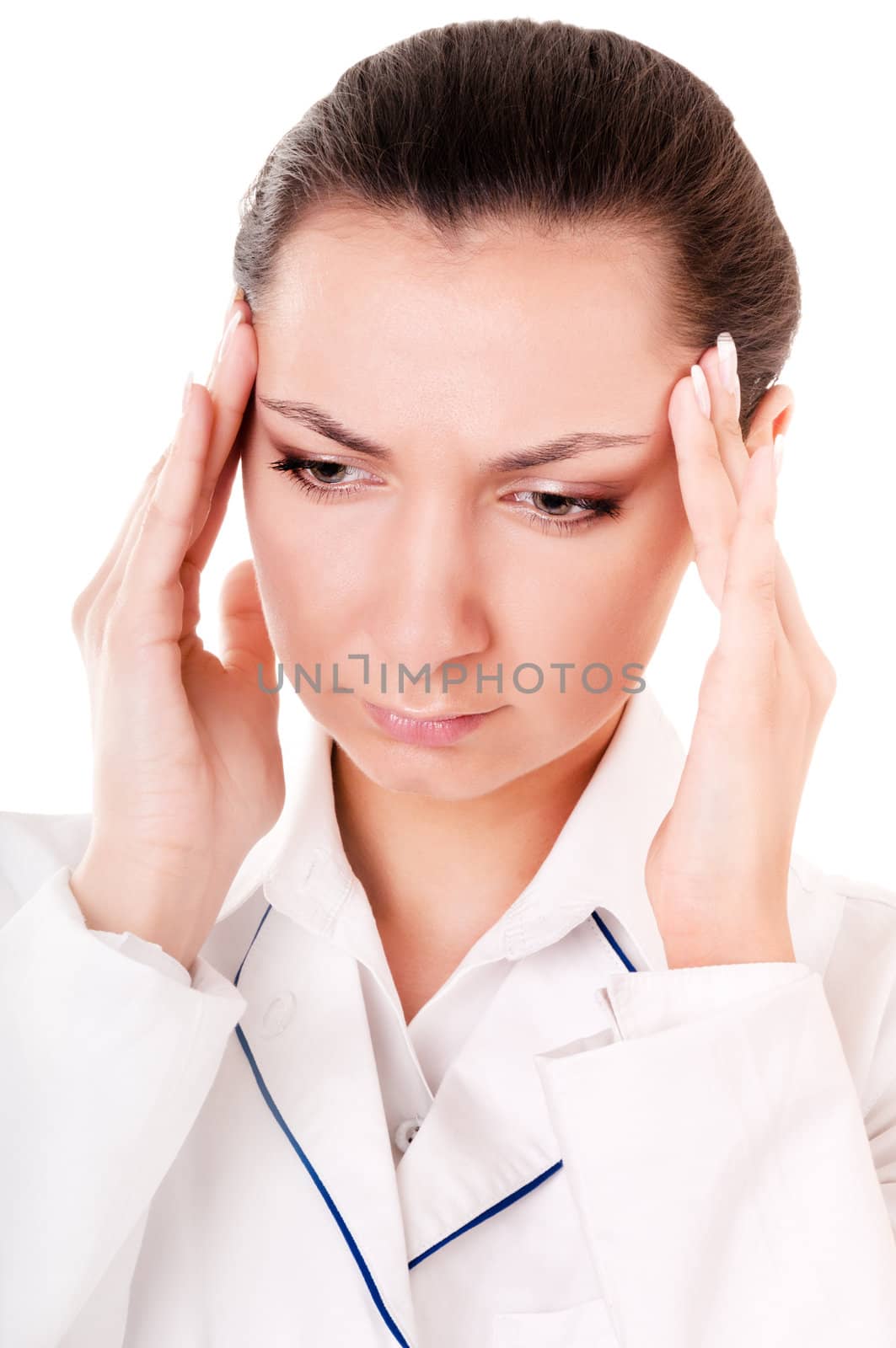 Doctor with headache isolated on white background