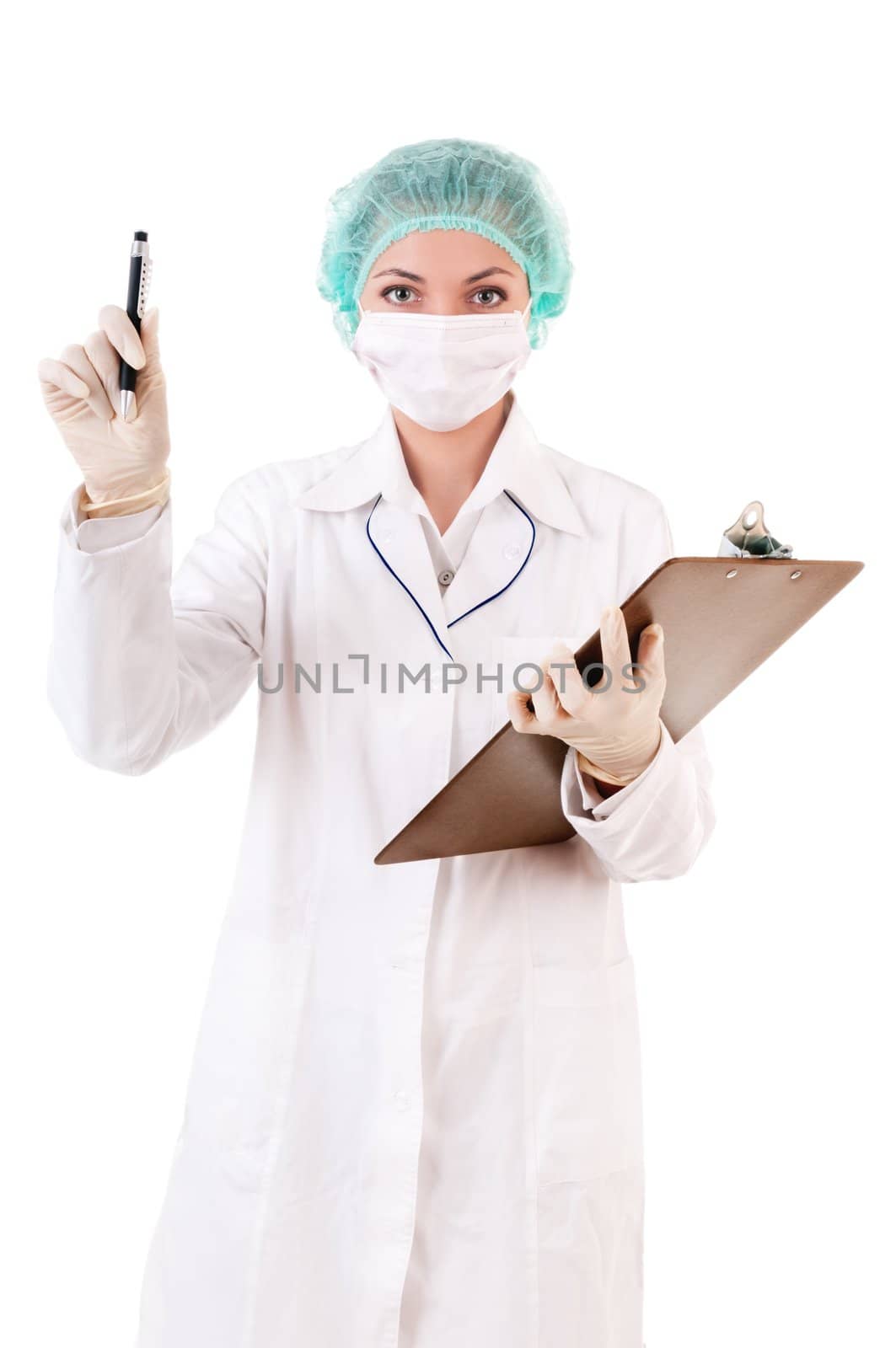 Careful doctor with medical report and pen isolated on white background