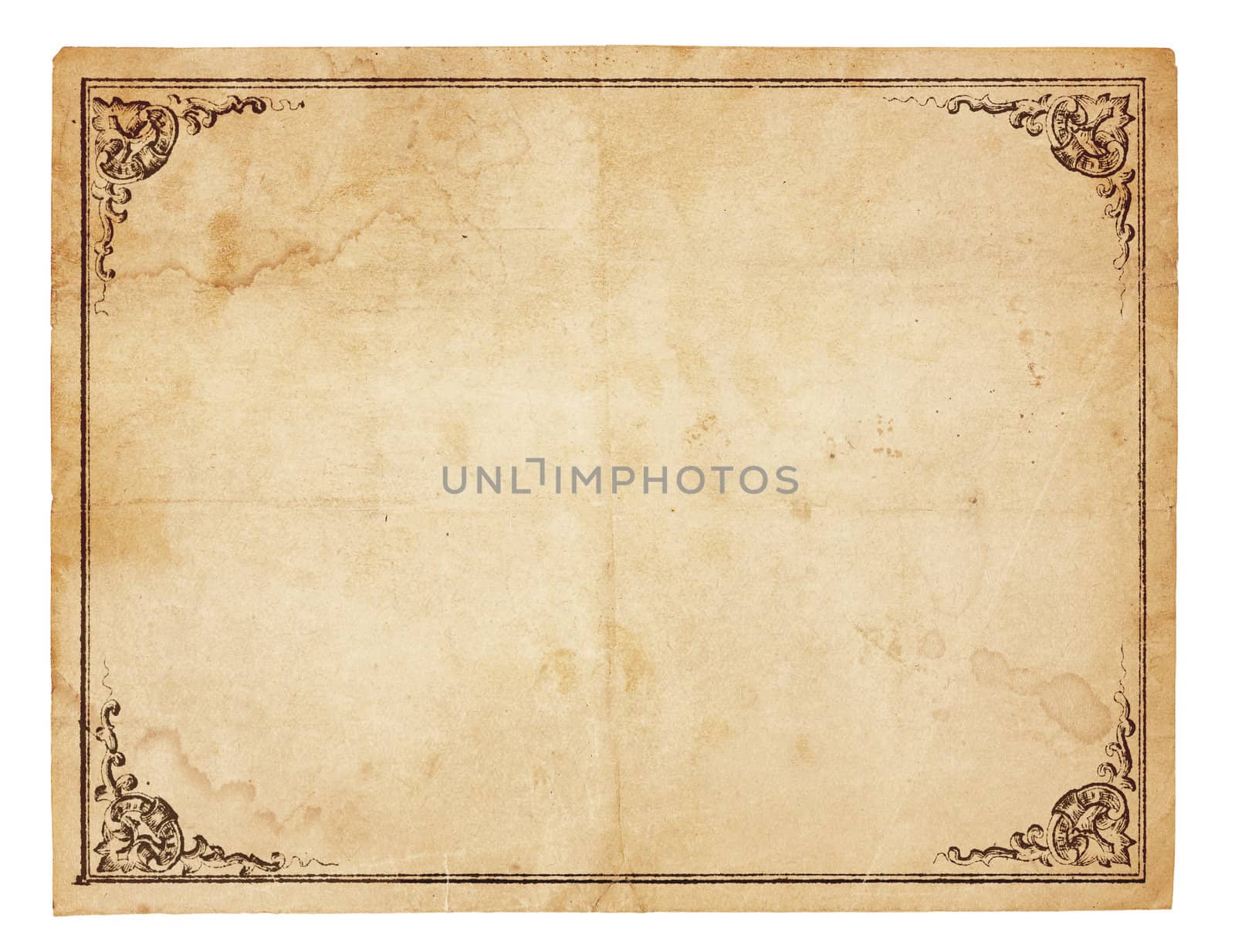 Aged, yellowing paper with creases, stains and smudges. Blank except for printed border with ornate corners. Isolated on white. Includes clipping path.